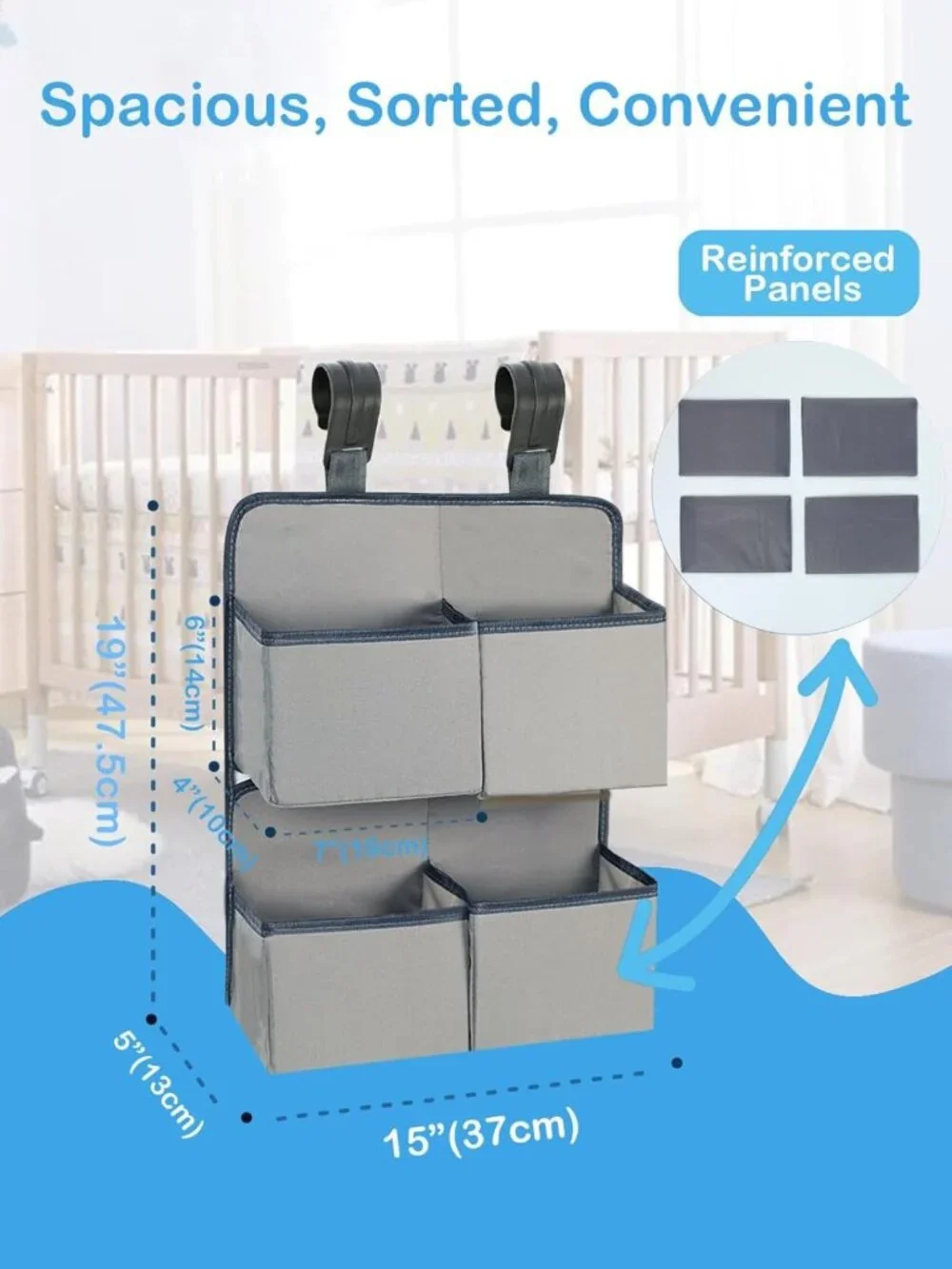 Hanging Diaper Organizer for Nursery - Holds 80+ Diapers, 4 Deep Pockets, Gray
